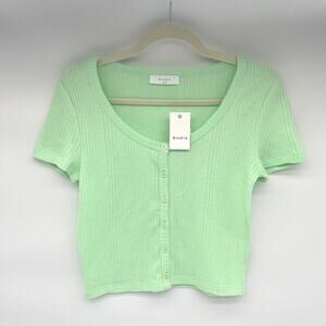 ELODIE NWT Waffle Knit Short Sleeve Button-Up Crop Top, Size Medium